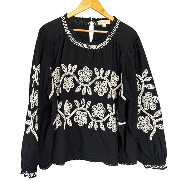 Jennifer & Grace Shirt Women 3X Black Floral Embroidered Peasant Boho Cotton Top - Picture 1 of 12